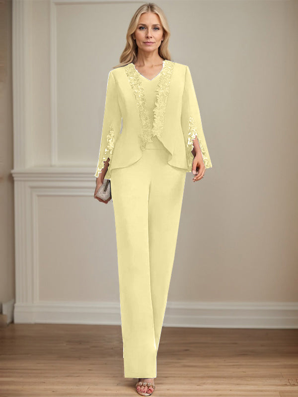 Pantsuit V-Neck Floor-Length Chiffon Mother of the Bride Dress