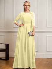 A-line Scoop Illusion Floor-Length Lace Chiffon Mother of the Bride Dress With Pleated