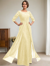 A-Line Scoop Illusion Floor-Length Lace Chiffon Mother Of the Bride Dress With Beading Ruffles