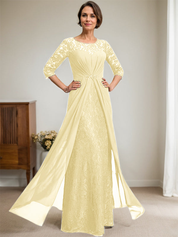 A-Line Scoop Illusion Floor-Length Lace Chiffon Mother Of the Bride Dress With Beading Ruffles