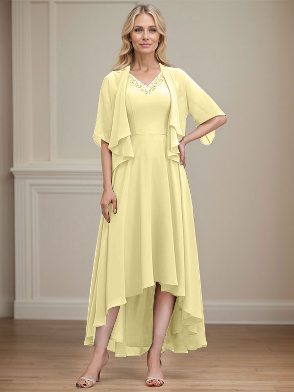 A-line V-Neck Asymmetrical Chiffon Mother of the Bride Dress With Beading Sequins