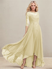 A-line Scoop Illusion Asymmetrical Lace Chiffon Mother of the Bride Dress With Pleated Sequins