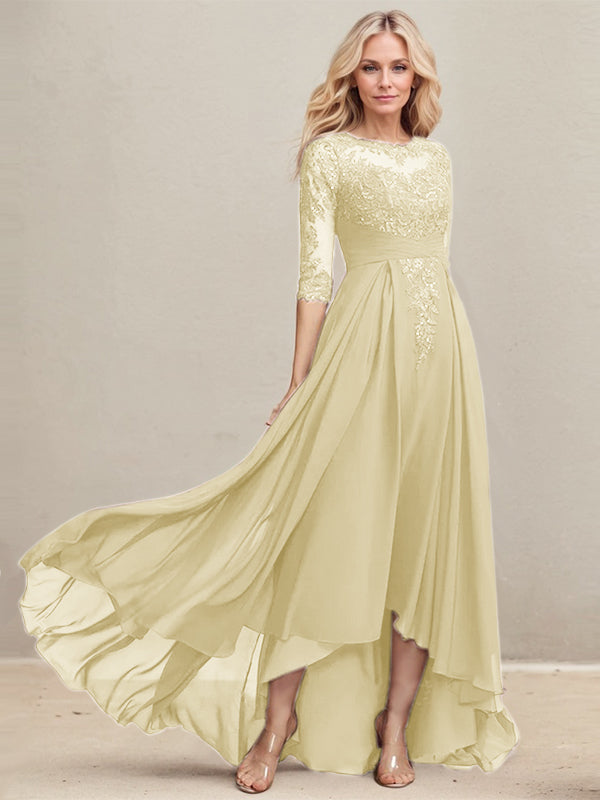 A-line Scoop Illusion Asymmetrical Lace Chiffon Mother of the Bride Dress With Pleated Sequins