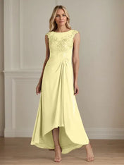 Champagne A-Line Scoop Lace Chiffon Dress