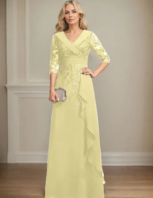 Robe de mère de la mariée trapèze, col en V, longueur au sol, en mousseline de soie et dentelle, avec volants en cascade et paillettes 