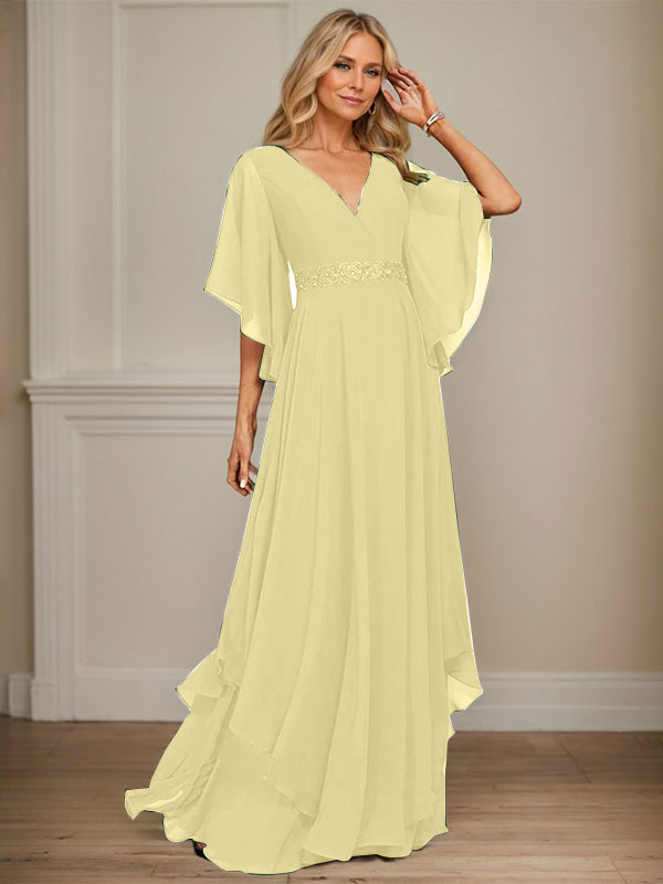 A-line V-Neck Floor-Length Chiffon Mother of the Bride Dress With Sequins Appliques Lace Beading