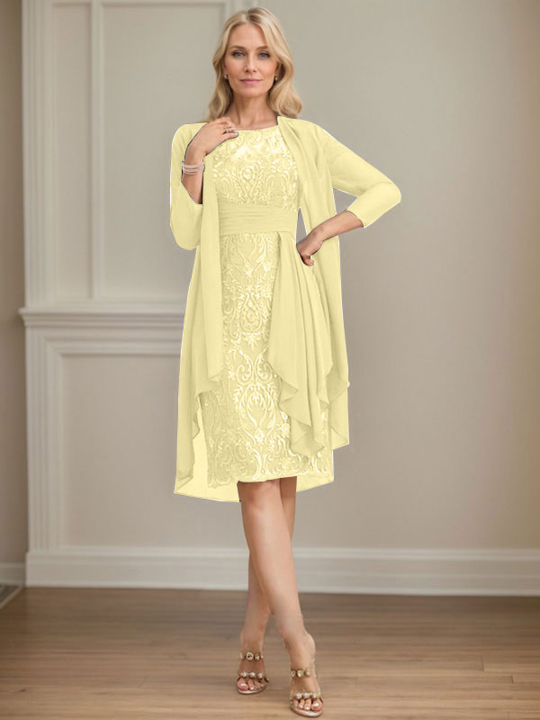 Column Scoop Illusion Knee-Length Lace Chiffon Mother of the Bride Dress With Cascading Ruffles Sequins