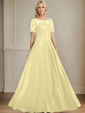 A-line Scoop Illusion Floor-Length Chiffon Lace Mother of the Bride Dress With Sequins Beading