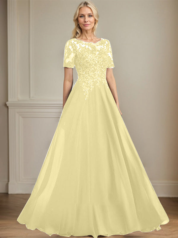 A-line Scoop Illusion Floor-Length Chiffon Lace Mother of the Bride Dress With Sequins Beading