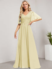 A-line V-Neck Floor-Length Lace Chiffon Mother of the Bride Dress With Sequins