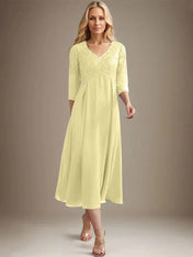 A-line V-Neck Tea-Length Chiffon Lace Mother of the Bride Dress With Beading