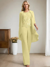 Separates Jumpsuit/Pantsuit Scoop Floor-Length Chiffon Lace Mother of the Bride Dress With Beading Sequins