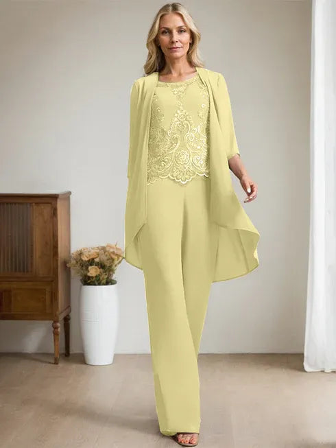 Pantsuit Scoop Floor-Length Chiffon Lace Mother of the Bride Dress With Beading Sequins