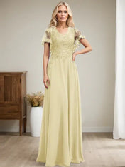 A-line V-Neck Floor-Length Lace Chiffon Mother of the Bride Dress With Sequins