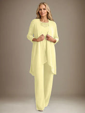 Chiffon Scoop Long Sleeves Mother Of The Bride Pantsuits With Jacket