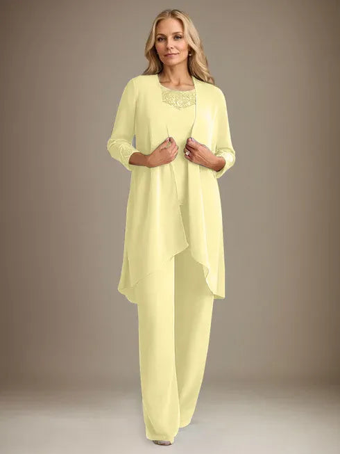 Chiffon Scoop Long Sleeves Mother Of The Bride Pantsuits With Jacket
