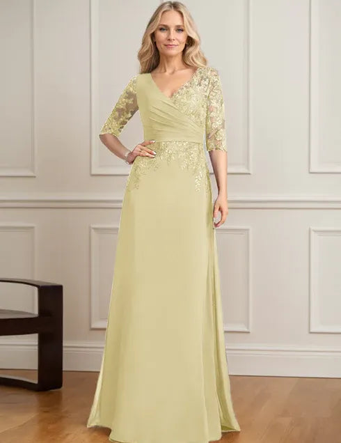 Robe de mère de la mariée trapèze, col en V, longueur au sol, en mousseline de soie et dentelle, avec sequins plissés 