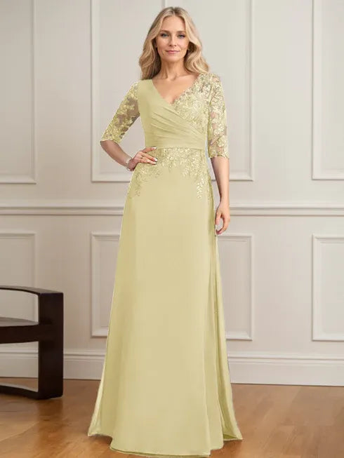 Robe de mère de la mariée trapèze, col en V, longueur au sol, en mousseline de soie et dentelle, avec sequins plissés 