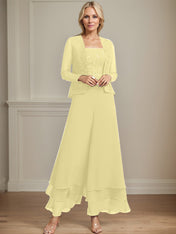 Separates Jumpsuit/Pantsuit Square Ankle-Length Lace Chiffon Mother of the Bride Dress With Sequins