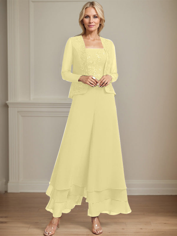 Robe de mère de la mariée en mousseline de soie, longueur cheville, avec sequins, combinaison/tailleur carré 