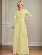 A-line V-Neck Floor-Length Lace Chiffon Mother of the Bride Dress With Cascading Ruffles Sequins