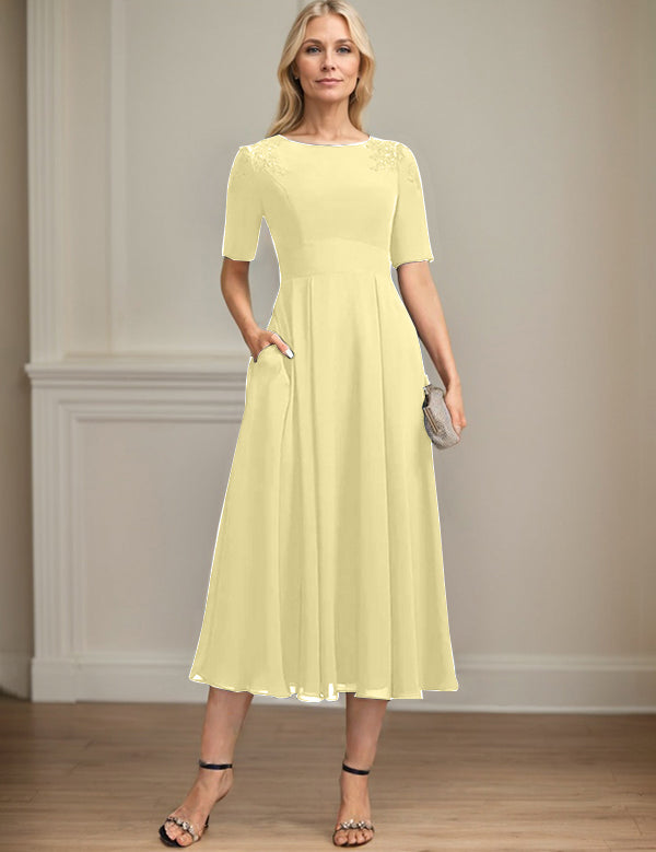 A-line Scoop Tea-Length Chiffon Mother of the Bride Dress With Appliques Lace Sequins