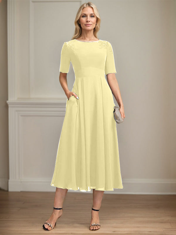 A-line Scoop Tea-Length Chiffon Mother of the Bride Dress With Appliques Lace Sequins