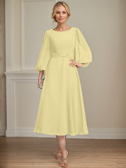 A-line Scoop Tea-Length Chiffon Mother of the Bride Dress With Crystal Brooch Pleated