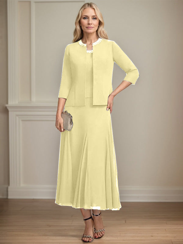 Separates A-line Scoop Tea-Length Chiffon Mother of the Bride Dress With Sequins Beading