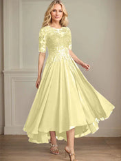 A-line Scoop Illusion Asymmetrical Chiffon Lace Mother of the Bride Dress With Sequins
