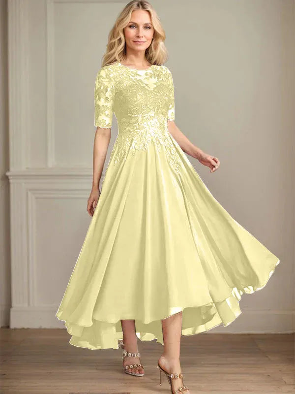 Robe de mère de la mariée asymétrique en mousseline de soie et dentelle, coupe trapèze, décolleté en V, illusion, avec paillettes 