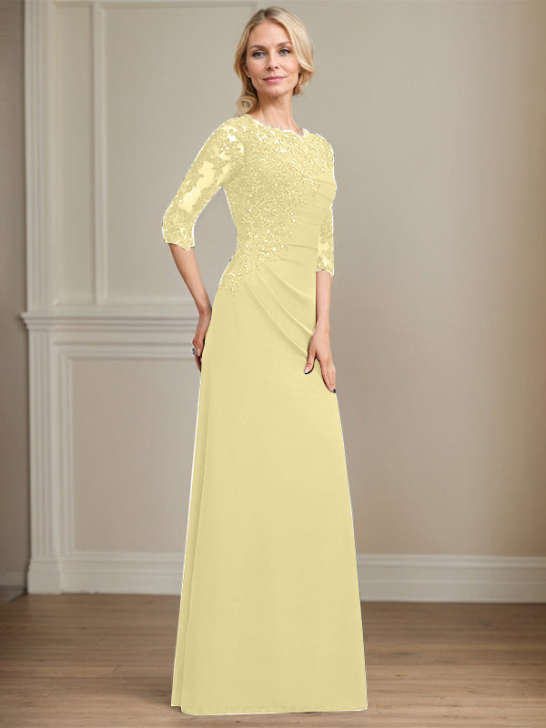 A-line Scoop Floor-Length Chiffon Lace Mother of the Bride Dress With Beading Pleated Sequins
