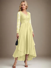 A-line V-Neck Asymmetrical Lace Chiffon Mother of the Bride Dress