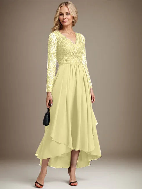 A-line V-Neck Asymmetrical Lace Chiffon Mother of the Bride Dress