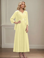 A-line V-Neck Ankle-Length Chiffon Mother of the Bride Dress With Sequins Appliques Lace Beading