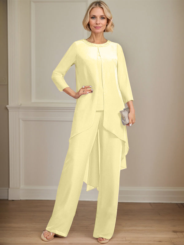 Separates Jumpsuit/Pantsuit Scoop Floor-Length Chiffon Mother of the Bride Dress With Sequins Beading
