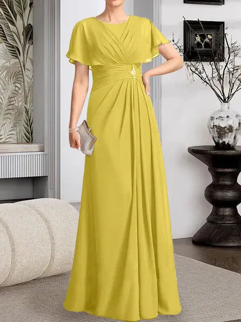 A-line Scoop Floor-Length Chiffon Mother of the Bride Dress With Pleated Beading