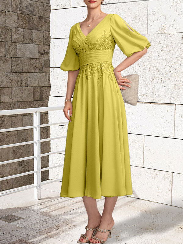 A-line V-Neck Tea-Length Lace Chiffon Mother of the Bride Dress With Pleated