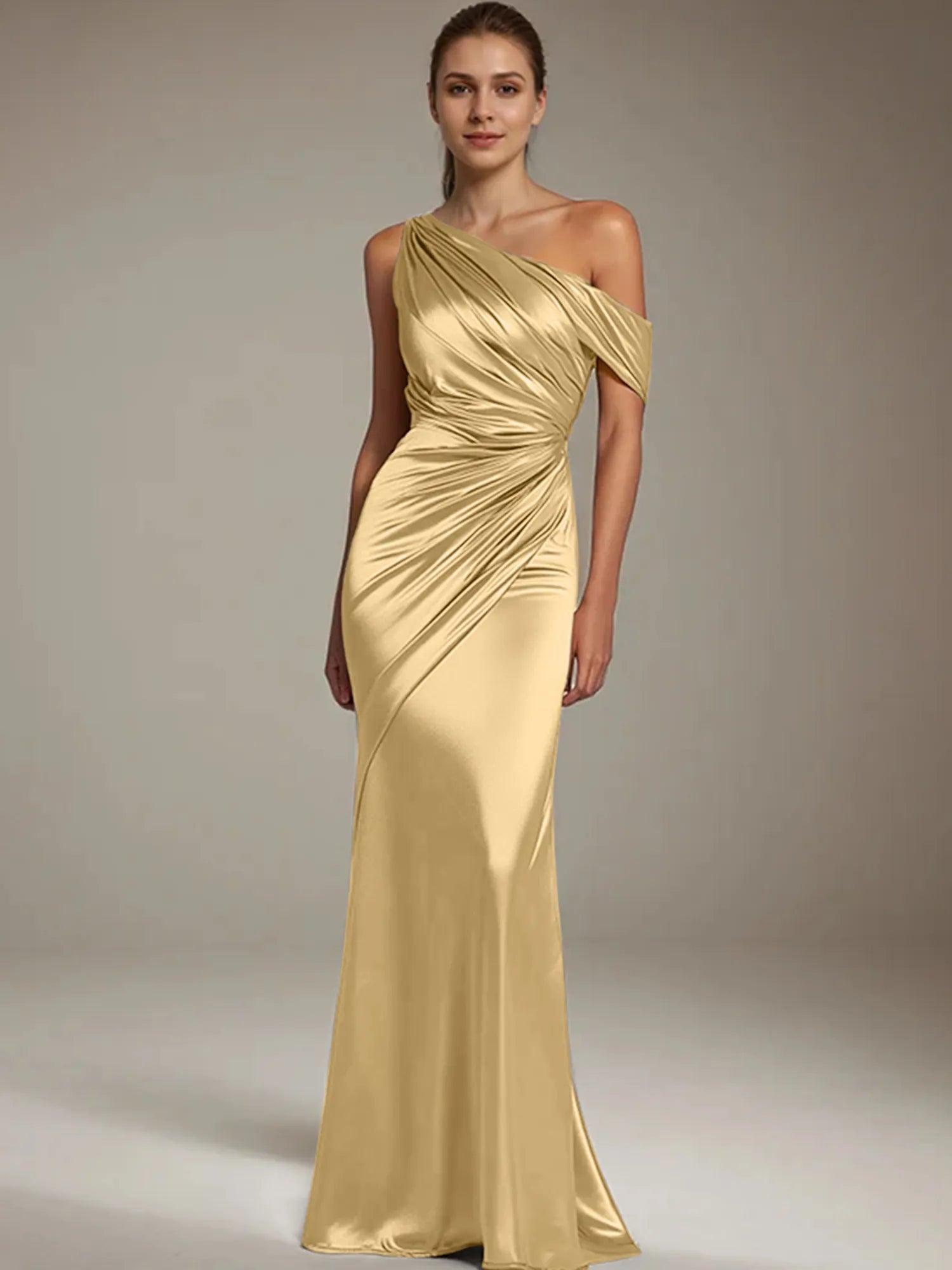 Formal Party Satin Dress Silver One-Shoulder Pleated  Floor-Length Dress
