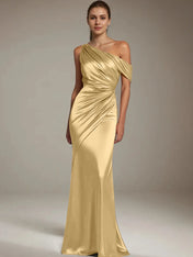 Formal Party Satin Dress Silver One-Shoulder Pleated  Floor-Length Dress