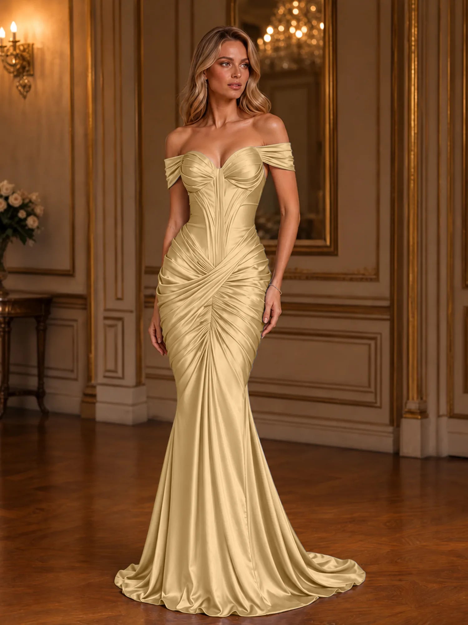 Burgundy Off-The-Shoulder Ruched Mermaid Floor-Length Gown Dress