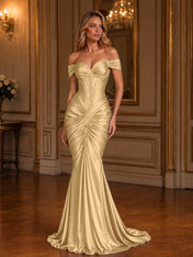 Burgundy Off-The-Shoulder Ruched Mermaid Floor-Length Gown Dress