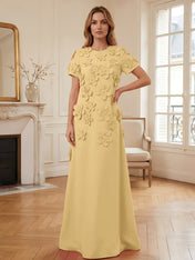 Short Sleeve Crew Neck A-Line Gown with 3D Floral Appliques Evening Dresses
