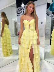 Fuchsia A-Line Sweetheart Chiffon Tiered Long Prom Dress with Slit