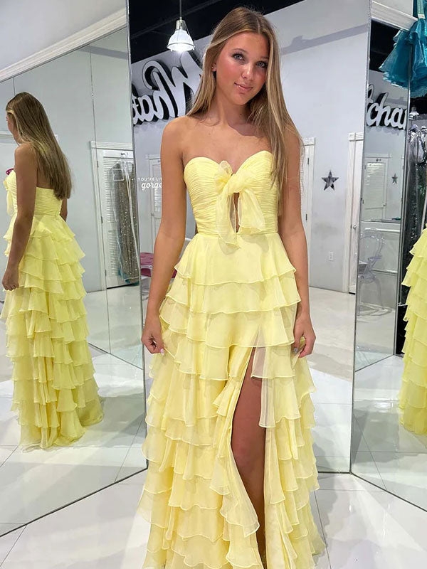Fuchsia A-Line Sweetheart Chiffon Tiered Long Prom Dress with Slit