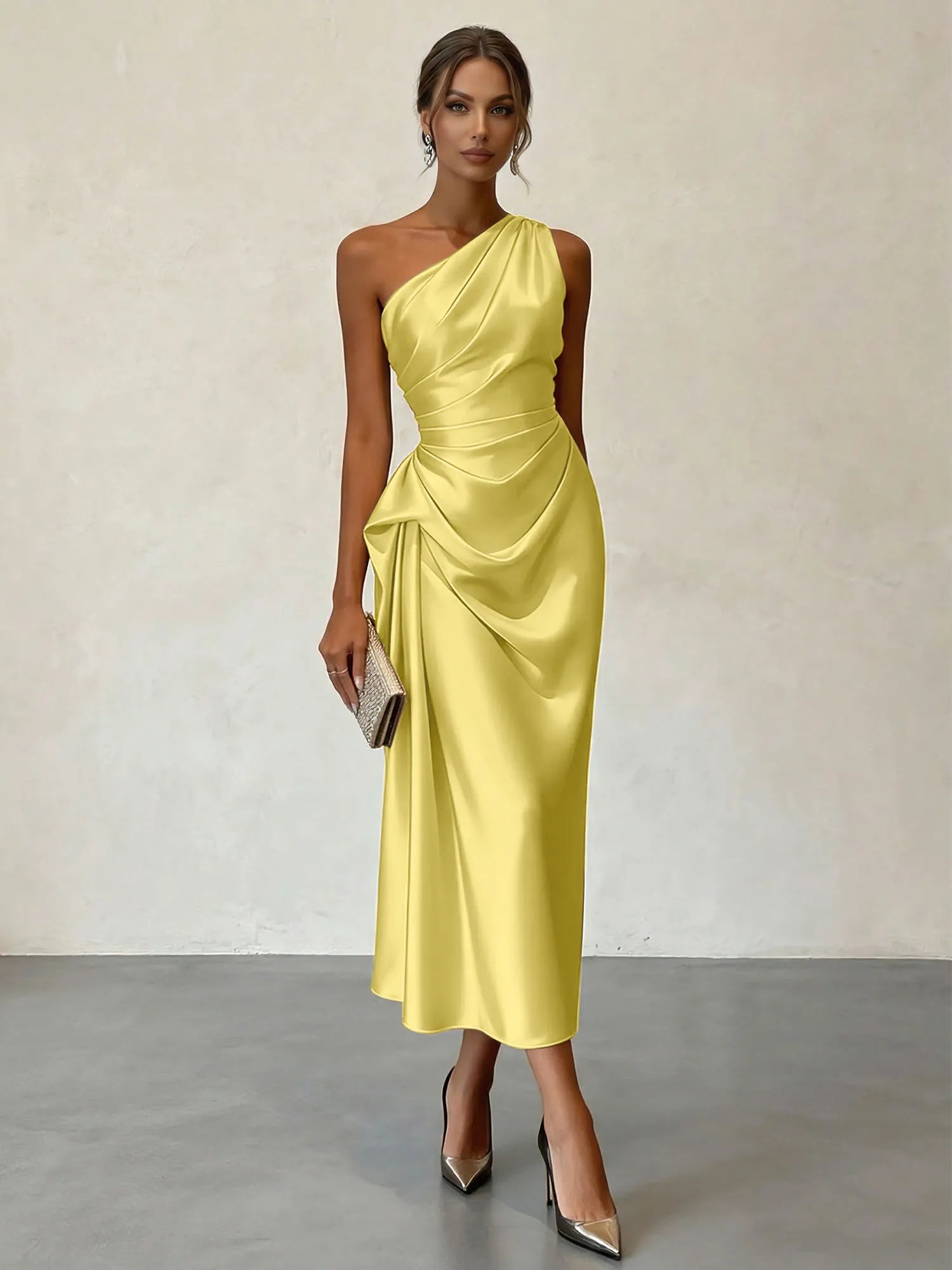 Champagne Ruched Satin One Shoulder Sleeveless Sheath Midi Dress