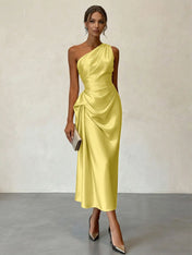 Champagne Ruched Satin One Shoulder Sleeveless Sheath Midi Dress