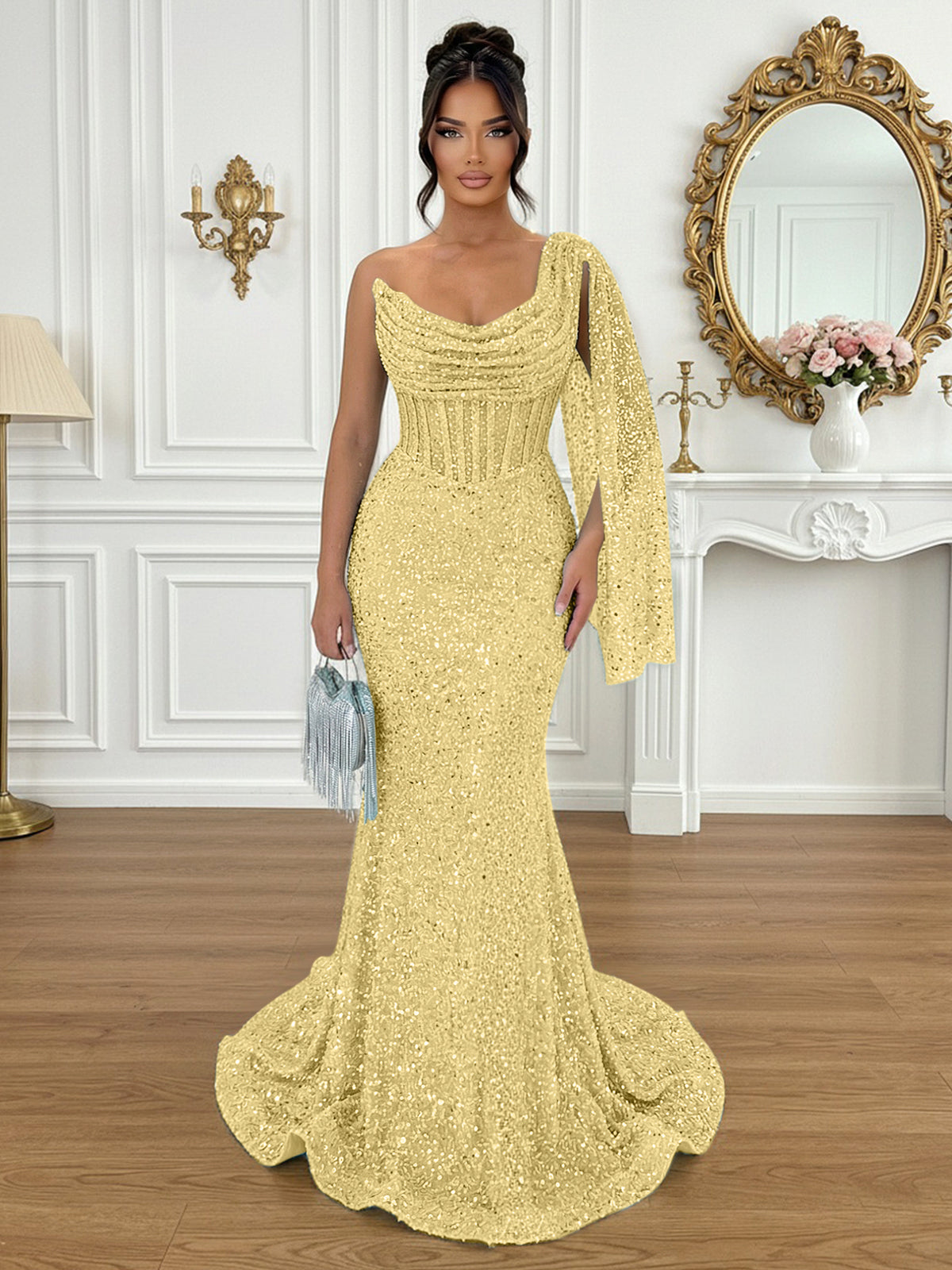 Glamorous Ice Blue One-Shoulder Sequin Corset Mermaid Prom Dresses