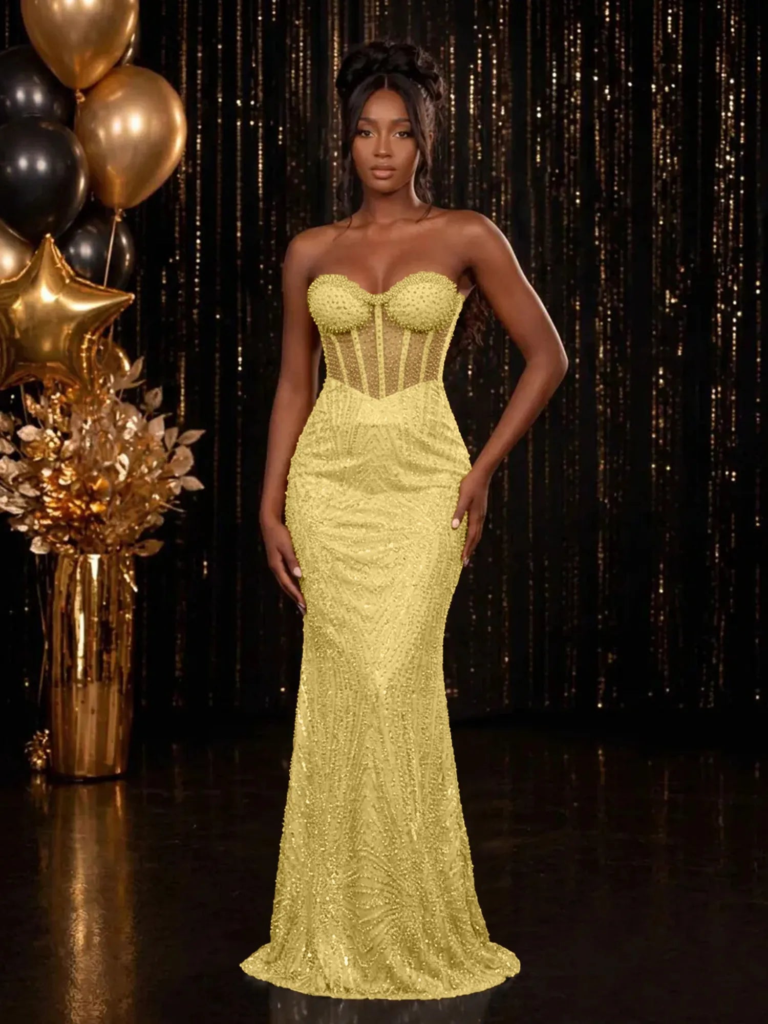 Strapless Sequin-Accented Mermaid Prom Dress with High Slit