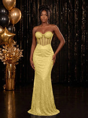 Strapless Sequin-Accented Mermaid Prom Dress with High Slit